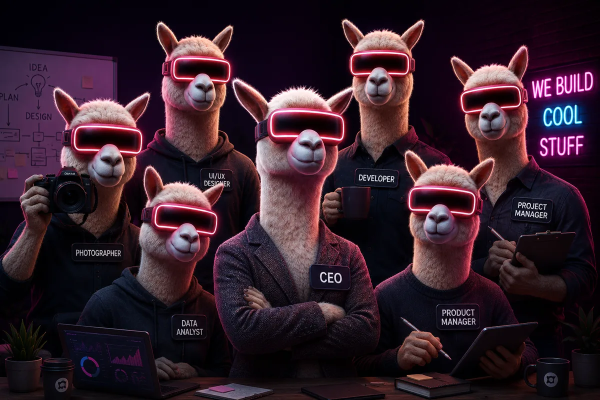The Studiollama team at work, illustrated as llamas wearing neon VR visors around a studio desk