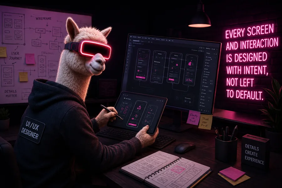 Illustrated llama UI/UX designer sketching app wireframes at a dual-monitor desk