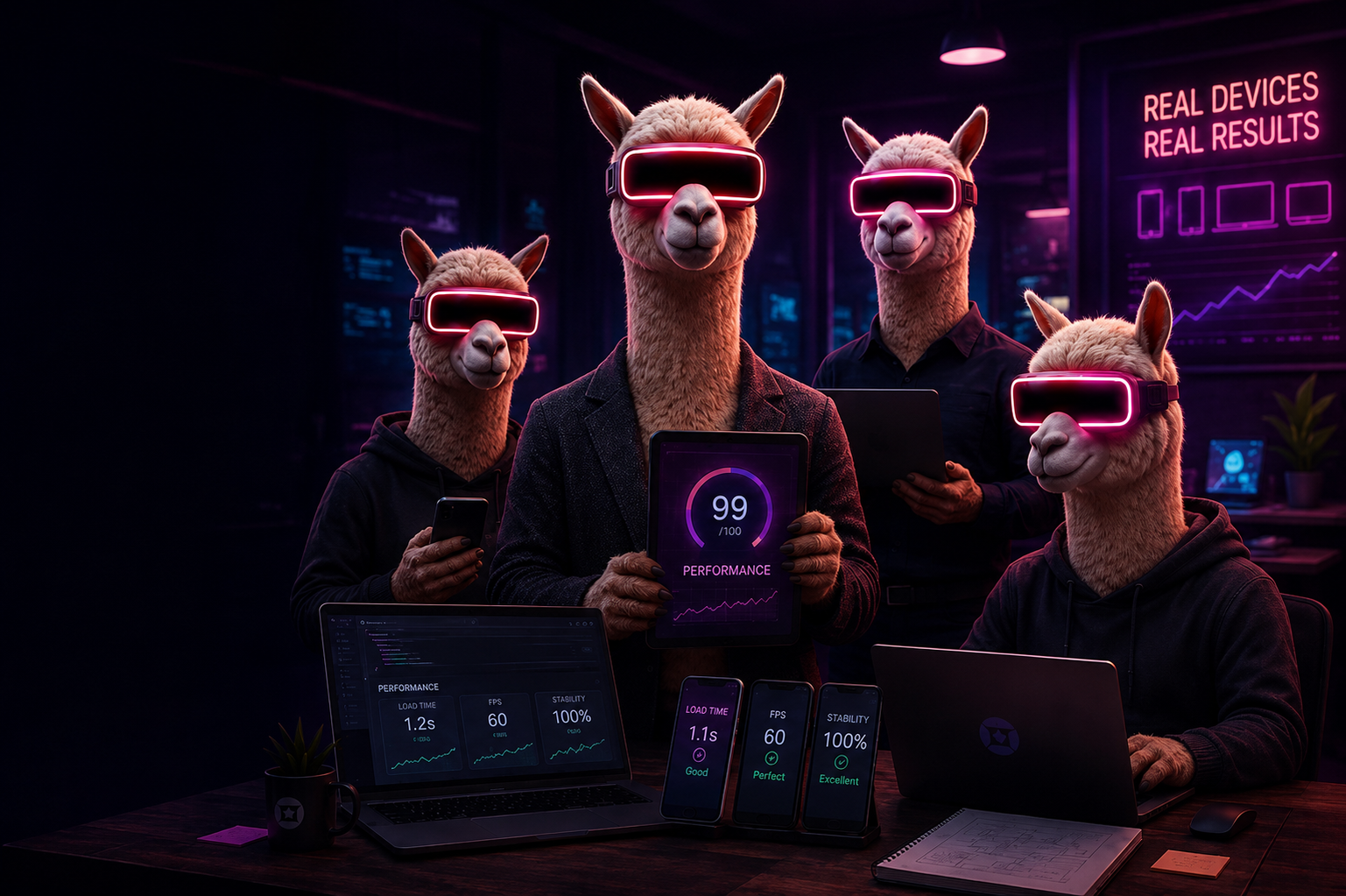 Illustrated llama team reviewing a 99-out-of-100 performance score and load-time metrics on their devices