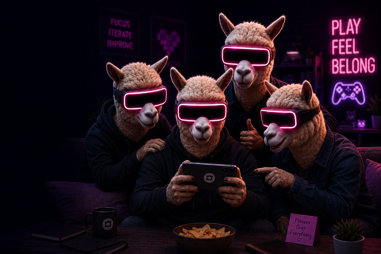 Illustrated llama friends playing a mobile game together on a couch